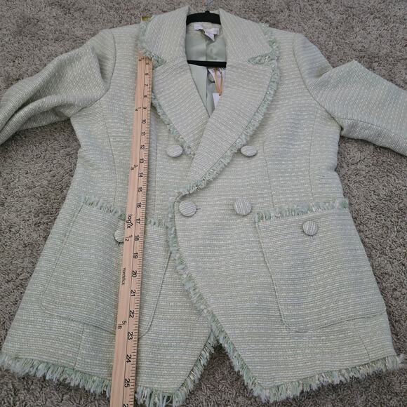 House of Harlow 1960 Tweed Fringe Blazer Green S Double Breasted Chic Old Money - Picture 4 of 10